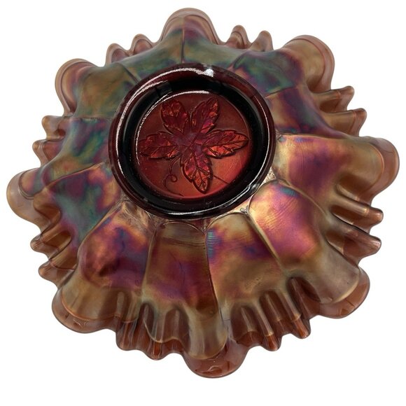 Vtg Fenton Amethyst Carnival Glass Bowl Grapes Leaves Iridescent Ruffled Edge - Picture 4 of 10